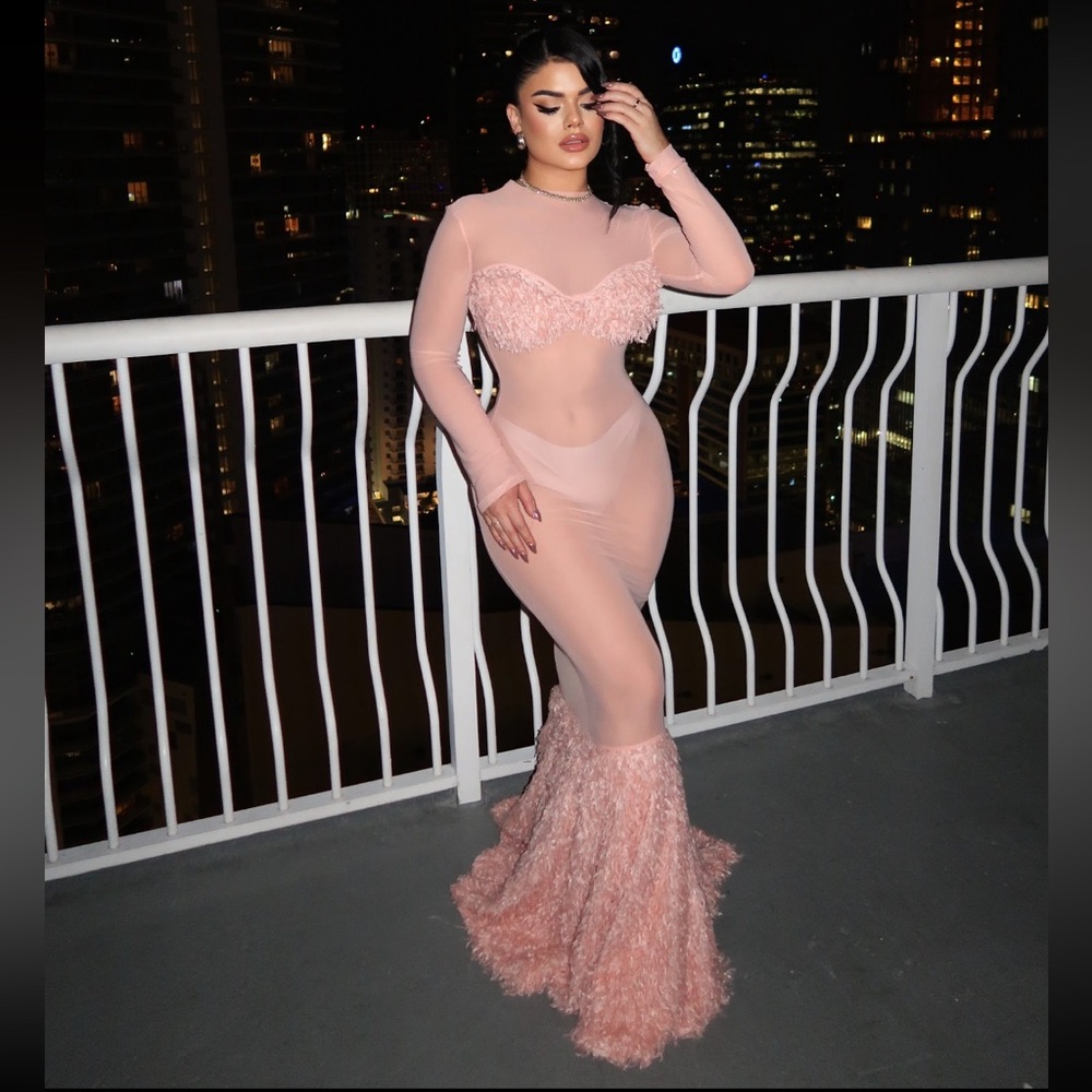 MESH FAUX FUR LONG SLEEVE MAXI DRESS - rose